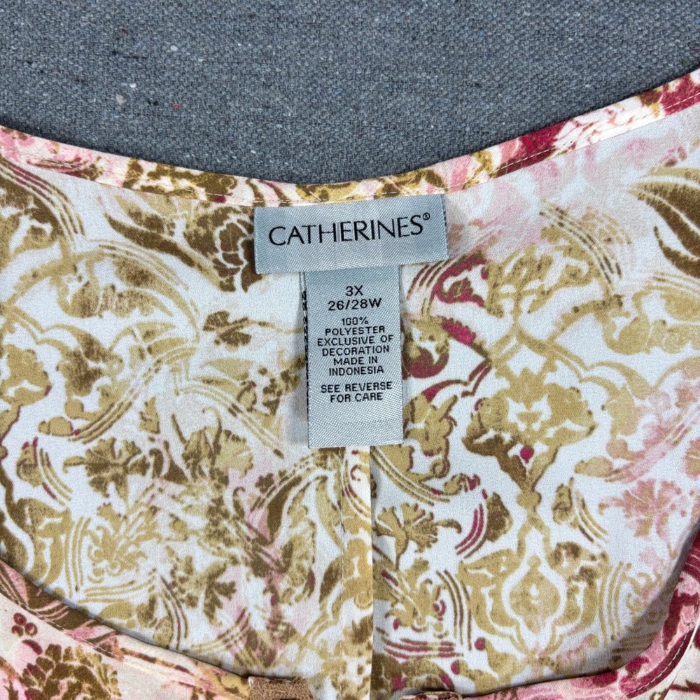 Catherines Tunic Top Women Plus 3X Pink Gold Paisley Beaded Split Neck Blouse - Picture 3 of 6
